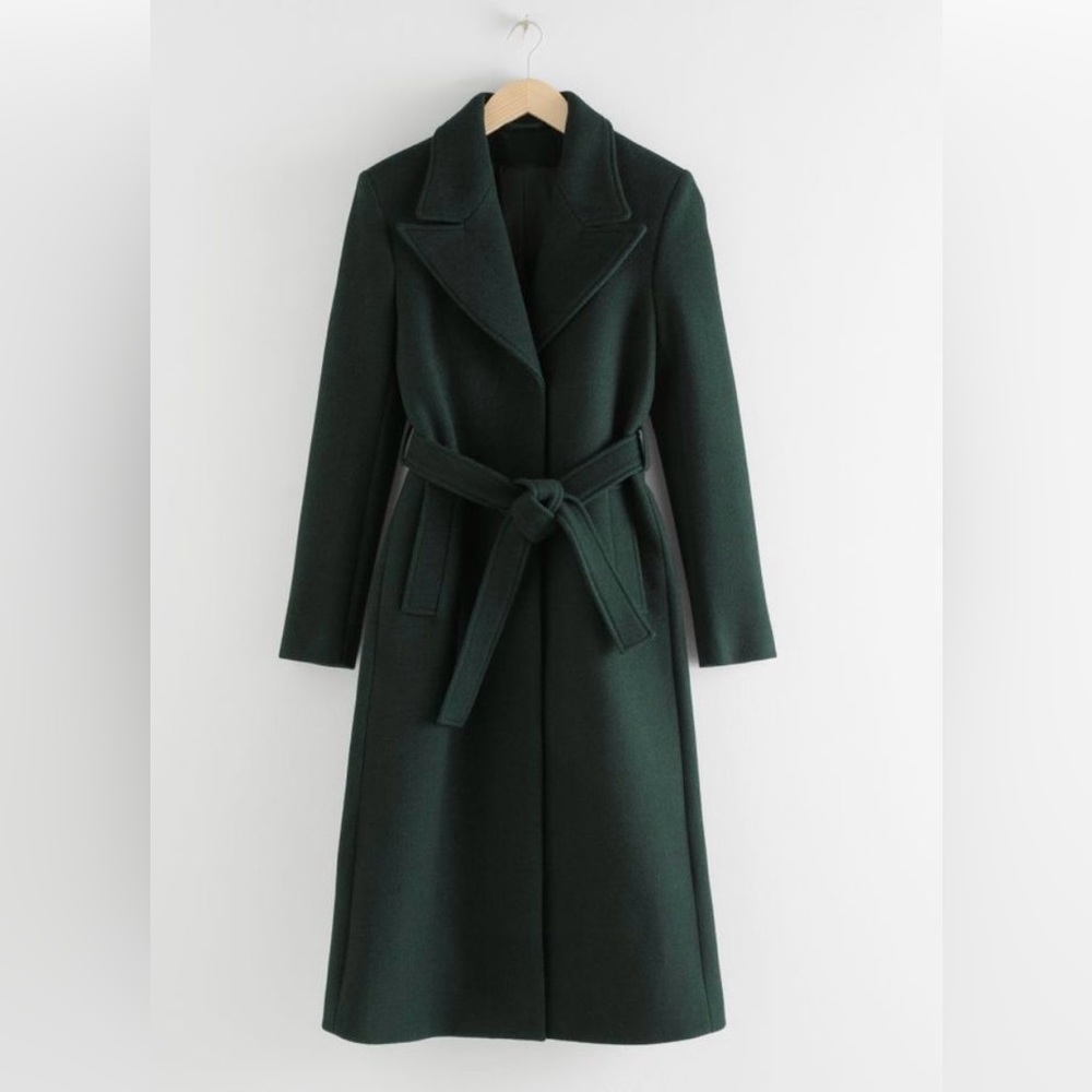& Other Stories Belted Wool Herringbone Green Coat
